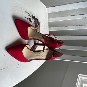 Red Jessica Simpson strappy pumps